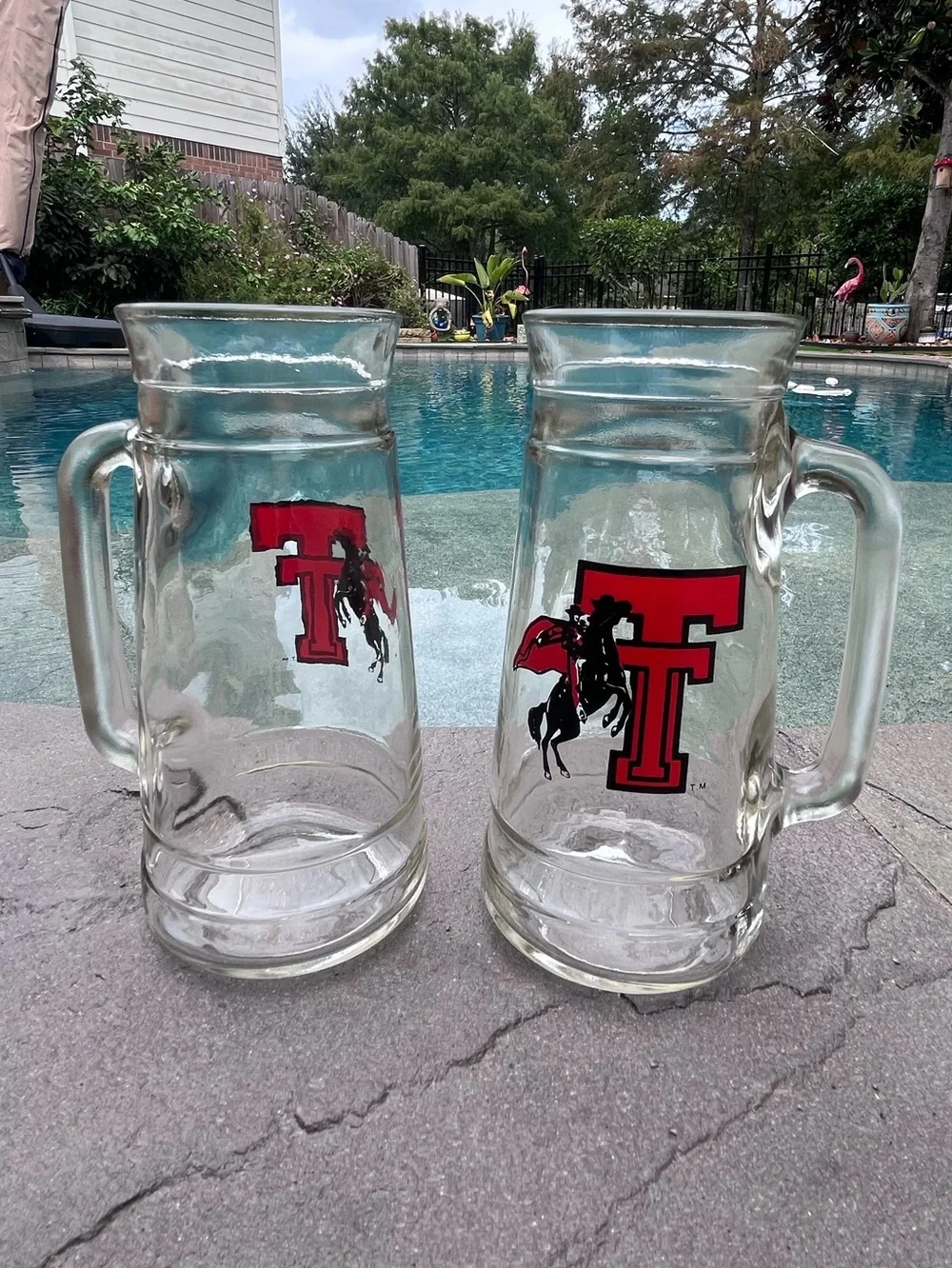 Vintage TTU Texas Tech Masked Rider Clear Beer Mugs Handles Glasses Two (2)
